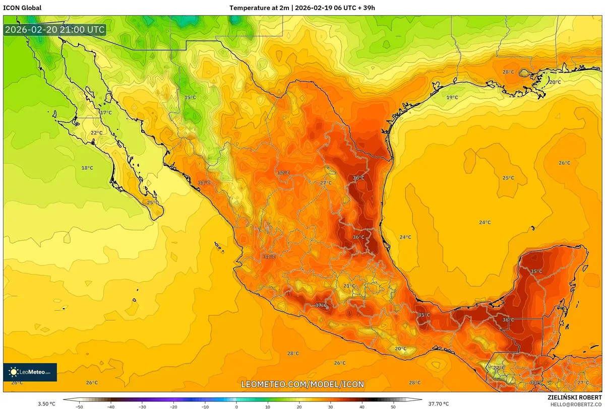 Calor extremo en Mérida el 20 de febrero de 2026 (ICON)