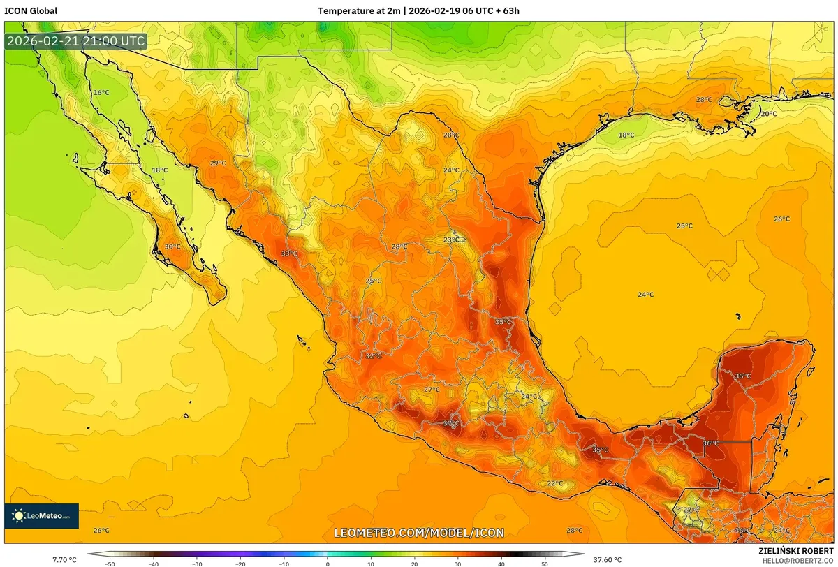 Temperaturas máximas se concentran en el sureste de México el 21 de febrero de 2026 (ICON)