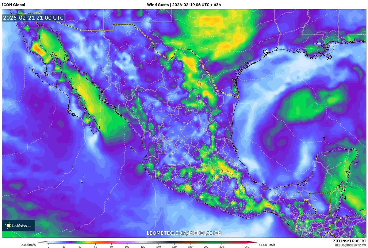 Rachas de viento moderadas en el norte de México el 21 de febrero de 2026 (ICON)