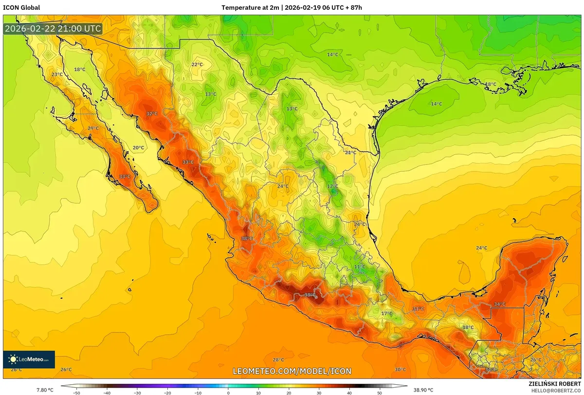 Calor vespertino se intensifica en el occidente de México el 22 de febrero de 2026 (ICON)