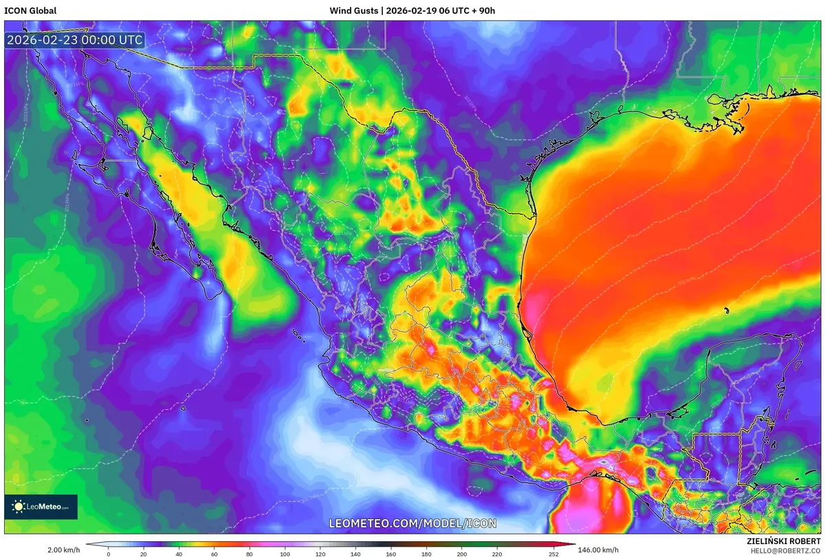 Rachas de viento vespertinas se intensifican en el centro de México el 22 de febrero de 2026 (ICON)