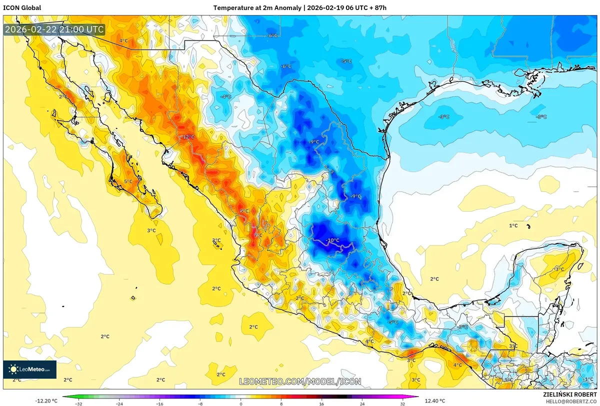 Anomalías de temperatura se acentúan por la tarde en México el 22 de febrero de 2026 (ICON)