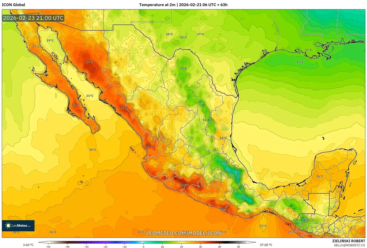 Temperaturas máximas en el centro de México el 23 de febrero de 2026 (ICON)