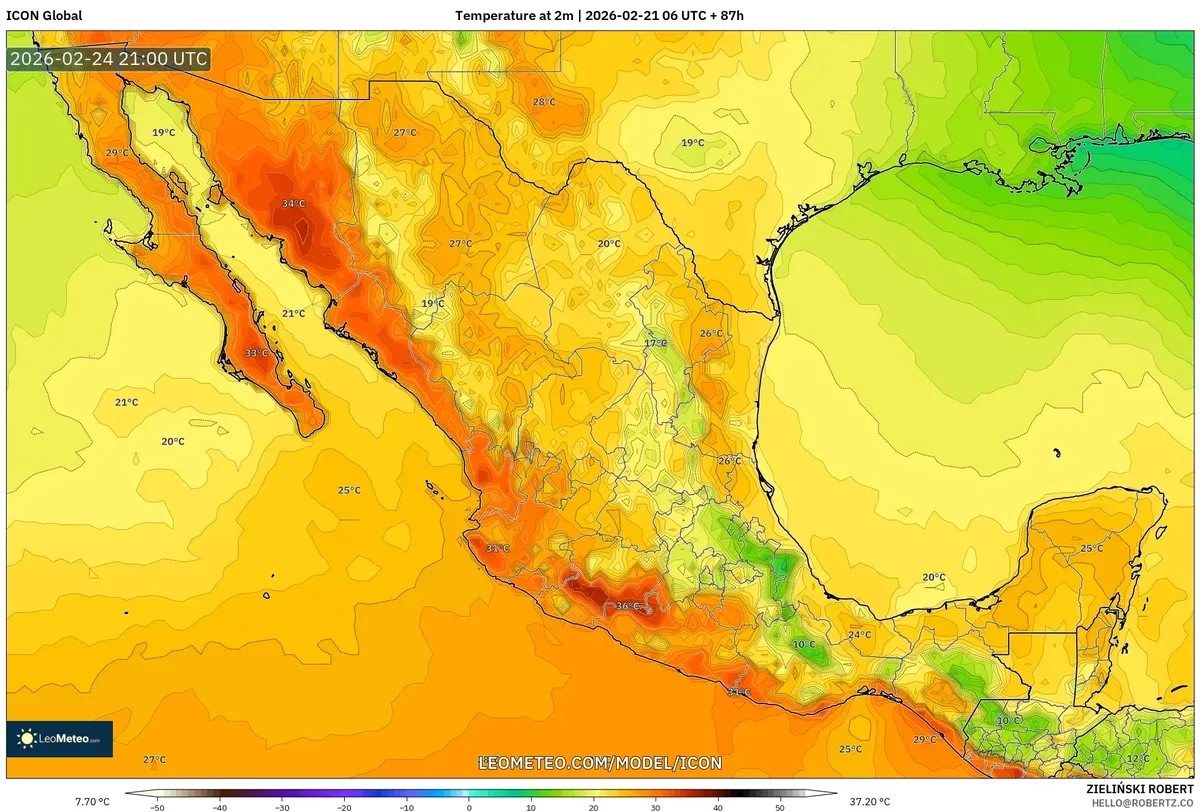 Temperaturas máximas en el occidente de México el 24 de febrero de 2026 (ICON)