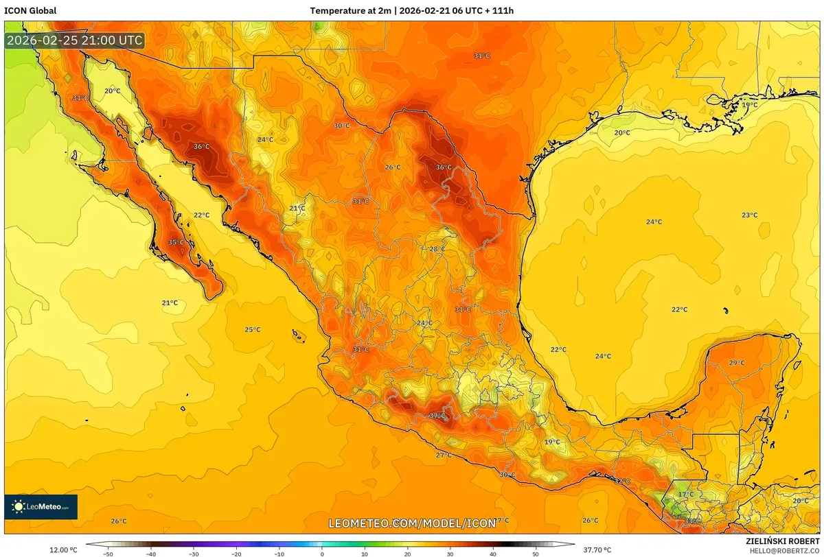 Máximo calor vespertino en México el 25 de febrero de 2026 (ICON)