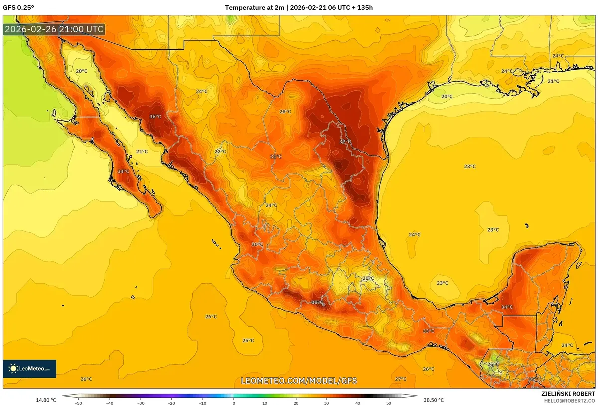 Pico de calor en el norte de México el 26 de febrero de 2026 (GFS)