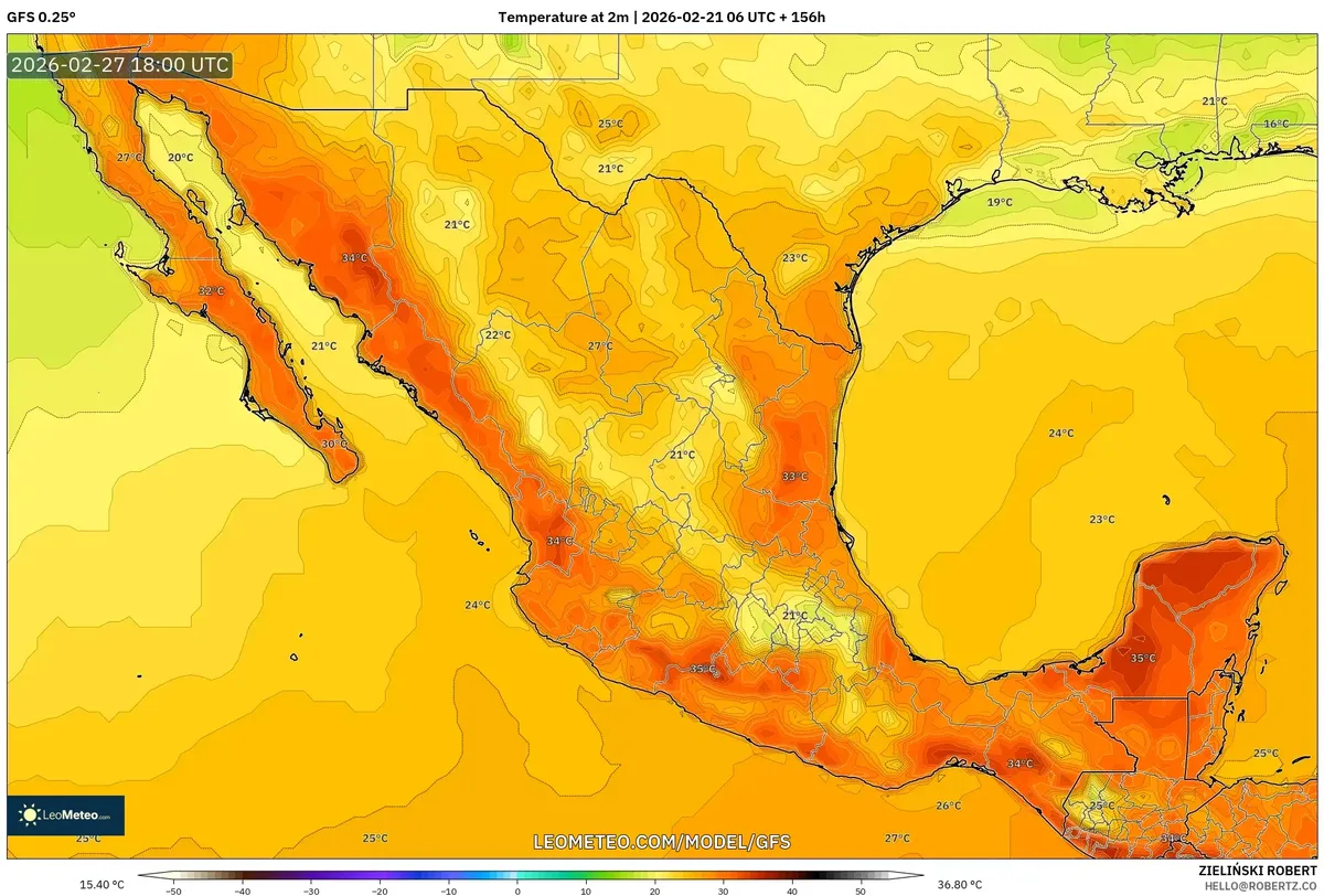 Calor cercano a récord en Yucatán el 27 de febrero de 2026 (GFS)