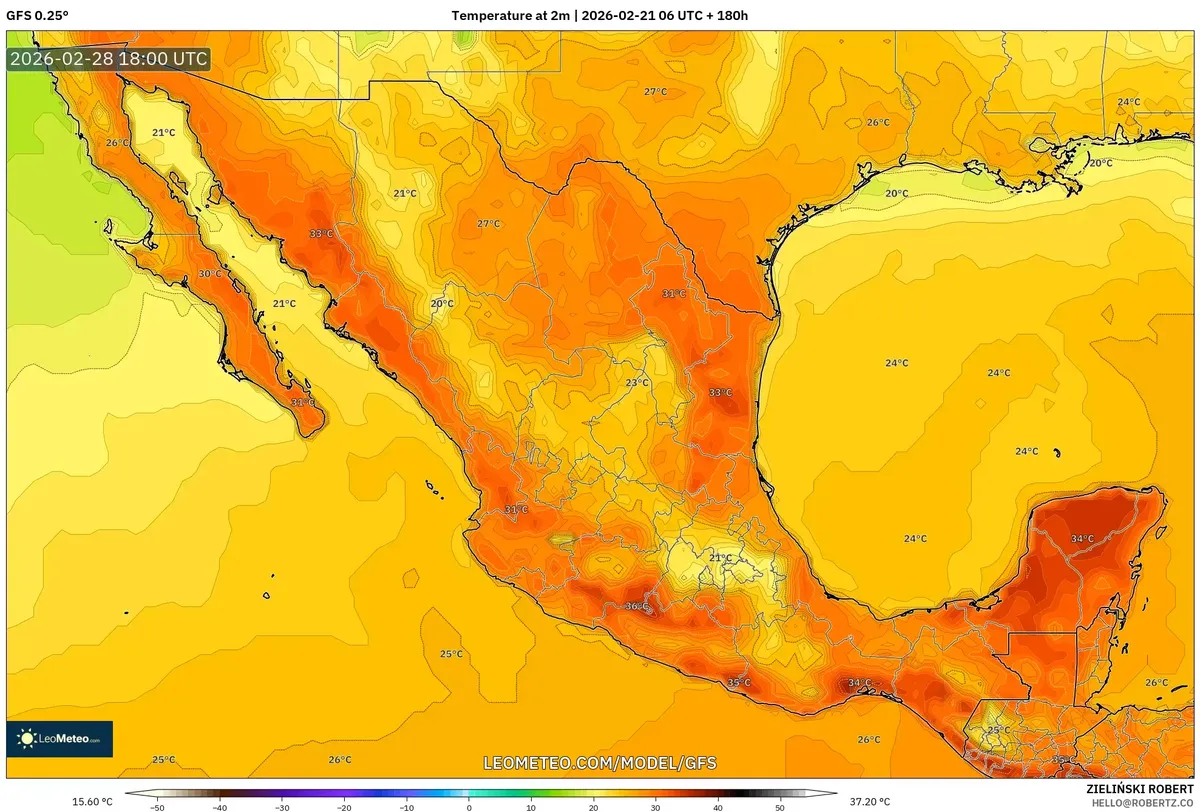 Calor cercano a récord en Guadalajara el 28 de febrero de 2026 (GFS)