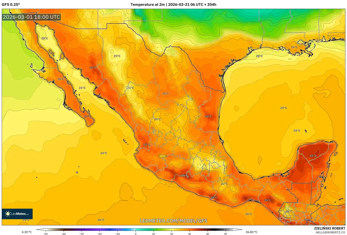 Máximo calor vespertino en México el 1 de marzo de 2026 (GFS)