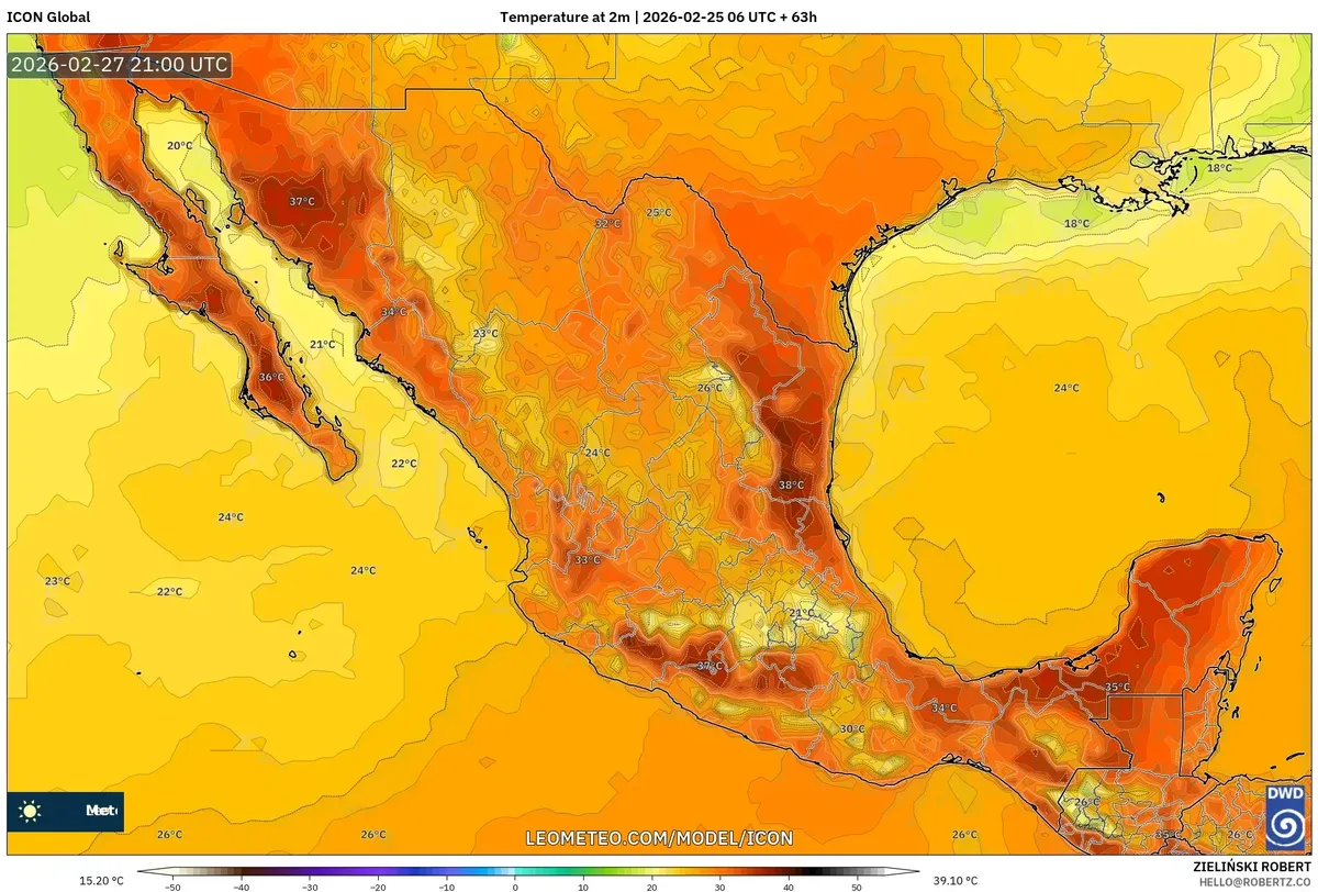 Temperaturas máximas de la tarde del 27 de febrero de 2026 (ICON)