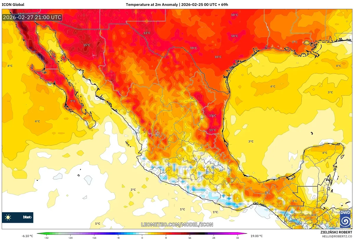 Anomalías de temperatura del 27 de febrero de 2026 (ICON)