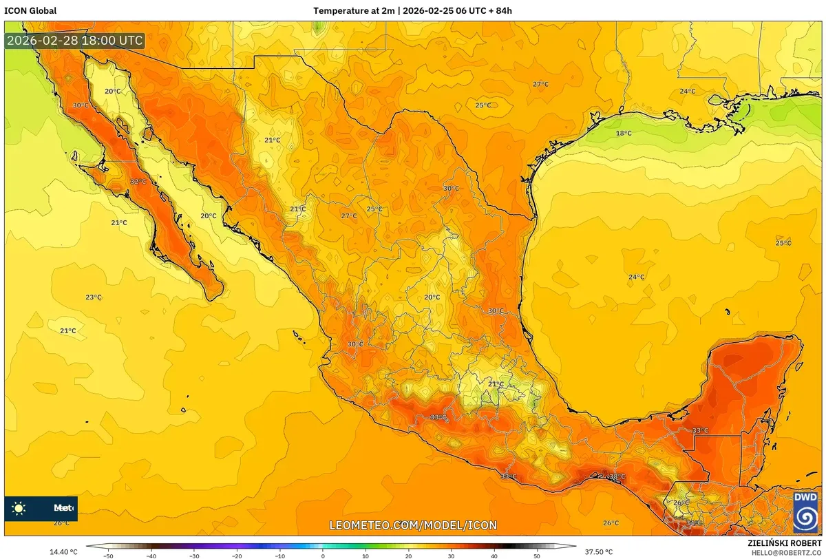 Temperaturas al mediodía del 28 de febrero de 2026 (ICON)