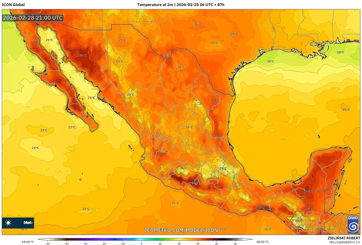 Pico de calor en el centro de México el 28 de febrero de 2026 (ICON)