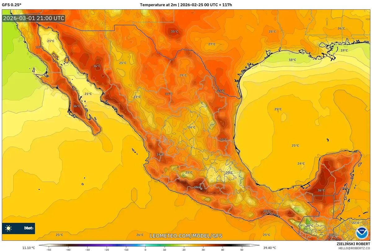 Temperaturas máximas en el centro de México el 1 de marzo de 2026 (GFS)