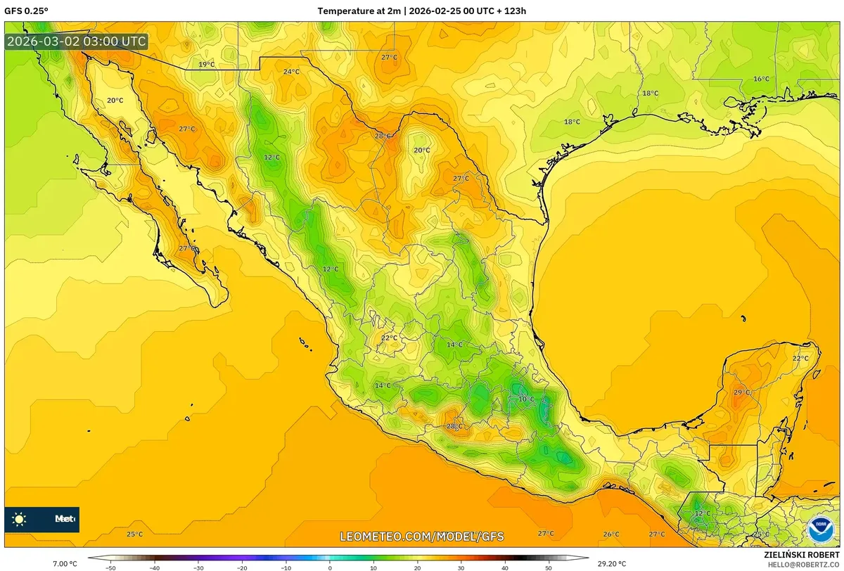 Calor nocturno en el sur de México el 1 de marzo de 2026 (GFS)