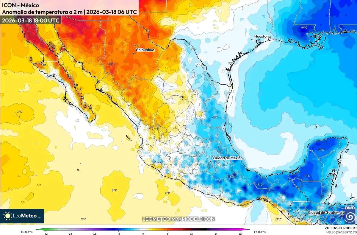 Anomalías de temperatura en México del 20 al 22 de marzo de 2026 (ICON)