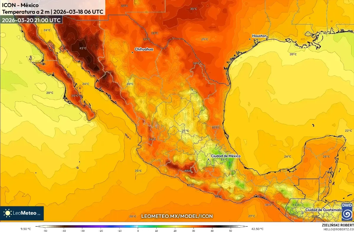 Temperaturas máximas en México la tarde del 20 de marzo de 2026 (ICON)