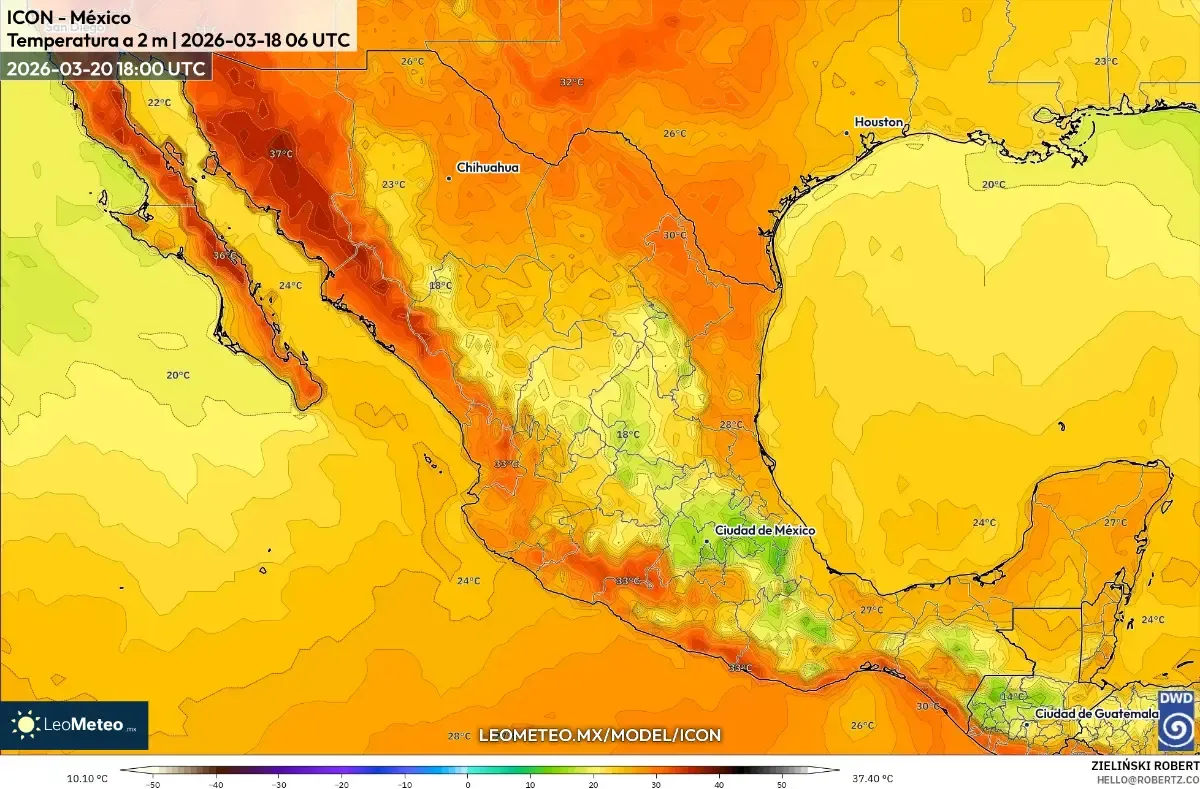 Pronóstico de temperaturas vespertinas en México el 20 de marzo de 2026 (ICON)