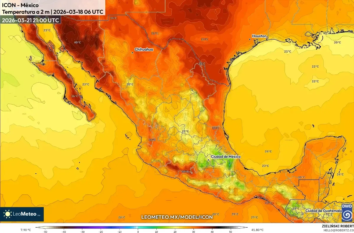 Pico de calor vespertino en el centro de México el 21 de marzo de 2026 (ICON)