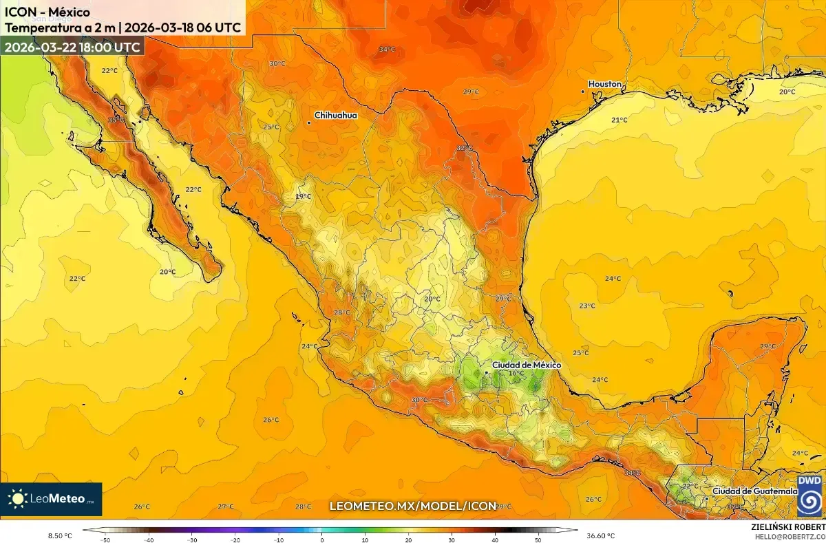 Pico de calor en el norte de México el 22 de marzo de 2026 (ICON)