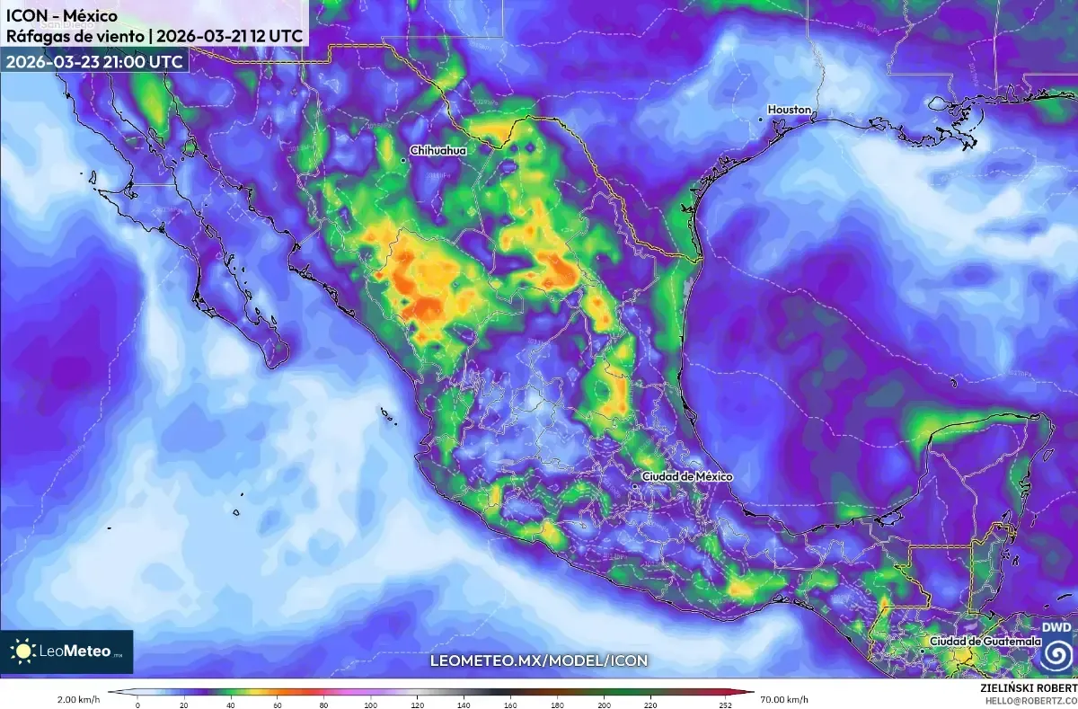 Rachas de viento de hasta 20 km/h en el noreste de México el 23 de marzo de 2026