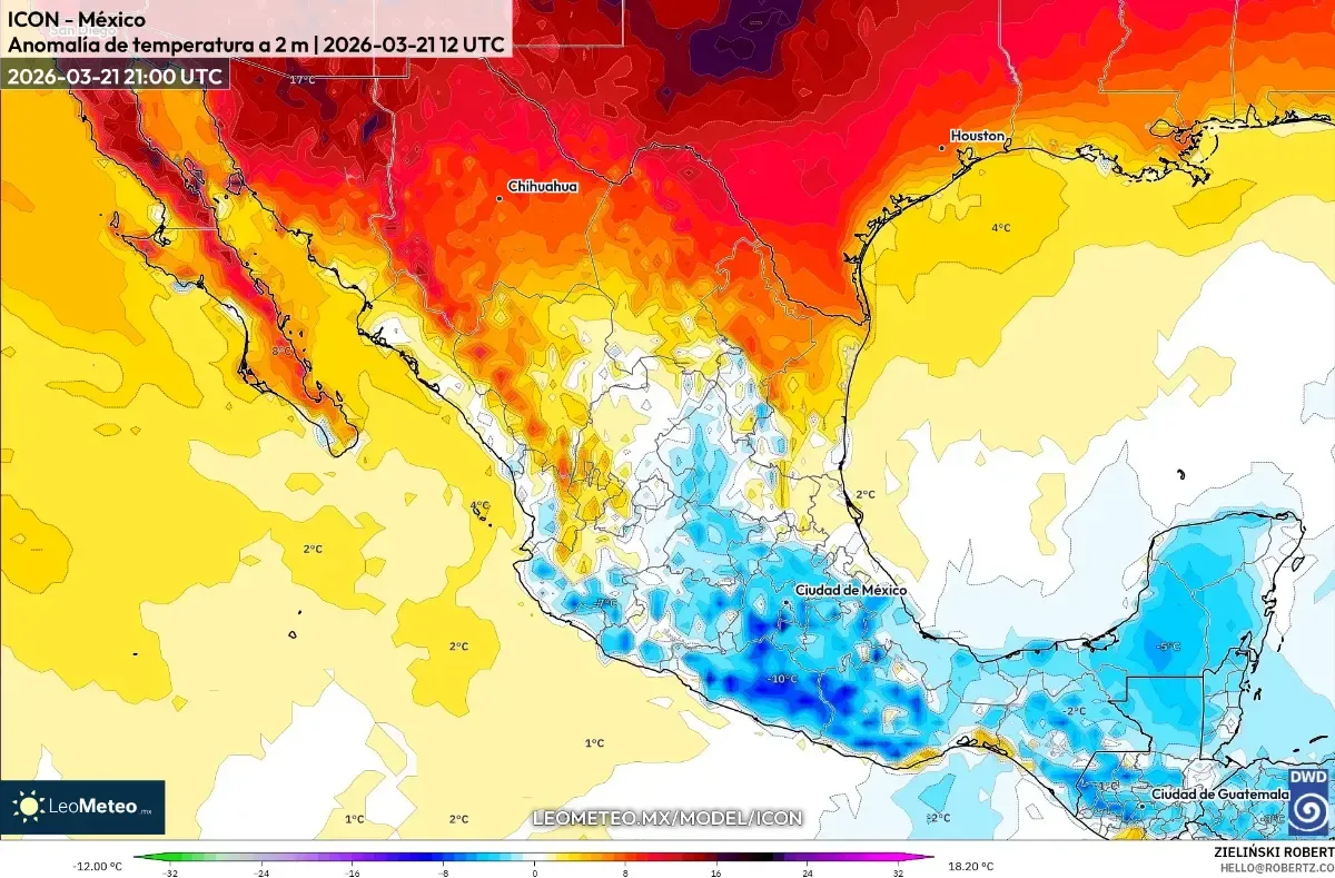 Anomalías de temperatura en México al mediodía del 24 de marzo de 2026