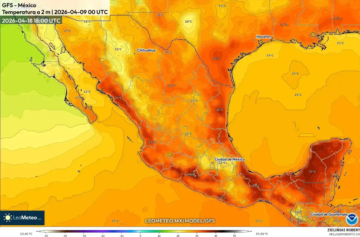 Temperaturas máximas en su punto más alto en el centro de México, 18 de abril de 2026 (ICON)