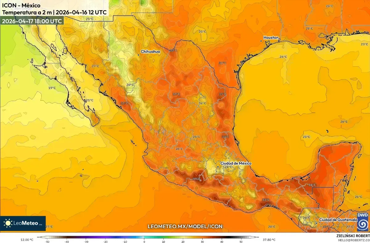 Aumento de temperatura al mediodía en México, 17 de abril de 2026 (ICON)