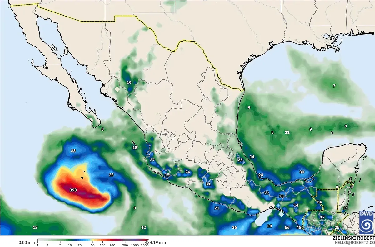 Precipitación acumulada pronosticada en México, sábado 26 de septiembre de 2026. Modelo ICON