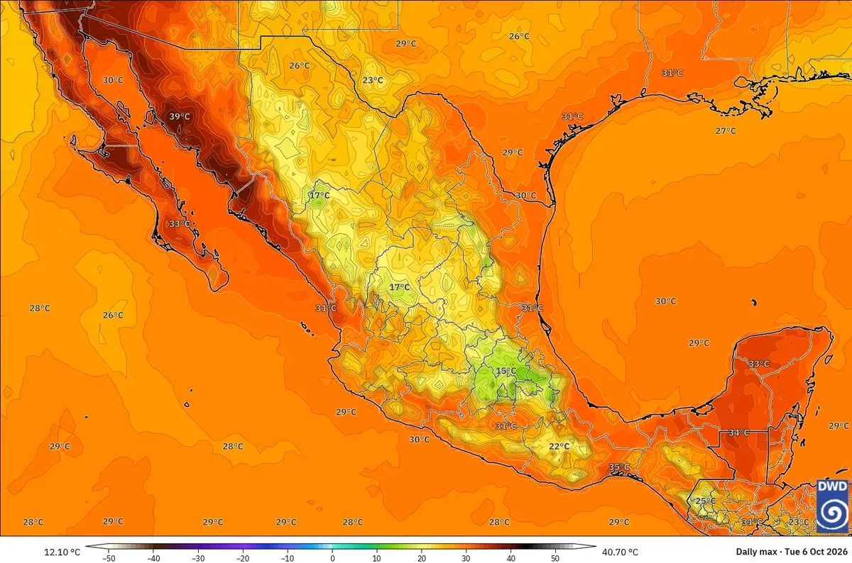 Máximas de hasta 41 °C en México, martes 6 de octubre de 2026. Modelo ICON