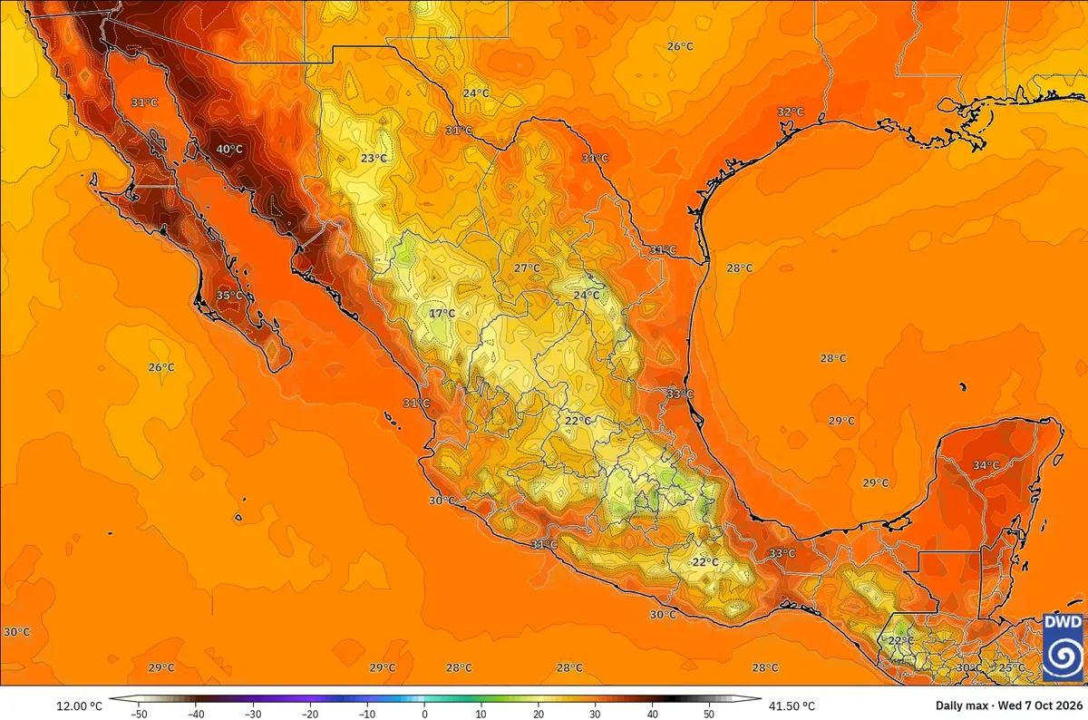 Máximas de hasta 41 °C en México, miércoles 7 de octubre de 2026. Modelo ICON