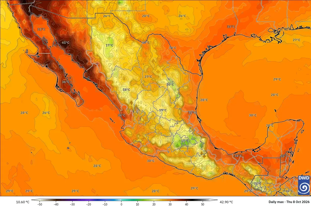 Máximas de hasta 42 °C, con un núcleo de calor extremo (≥ 40 °C) en México, jueves 8 de octubre de 2026. Modelo ICON
