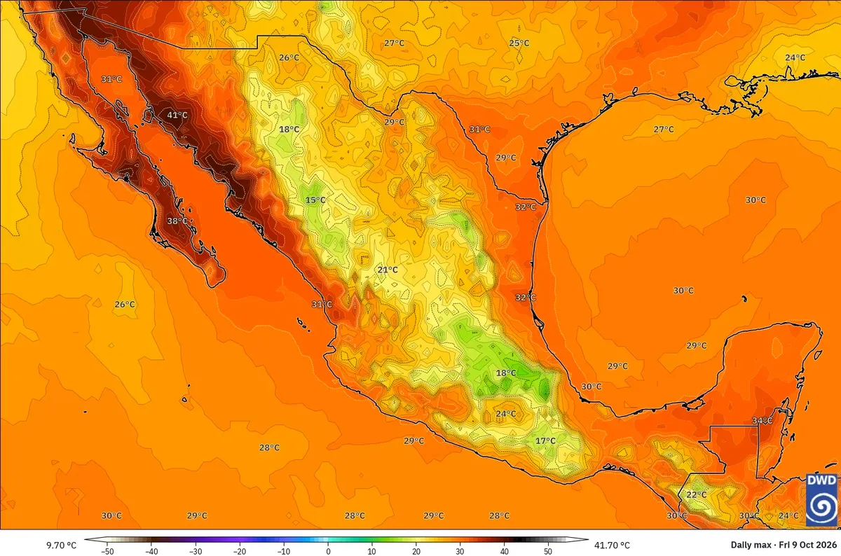 Máximas de hasta 42 °C, con un núcleo de calor extremo (≥ 40 °C) en México, viernes 9 de octubre de 2026. Modelo ICON