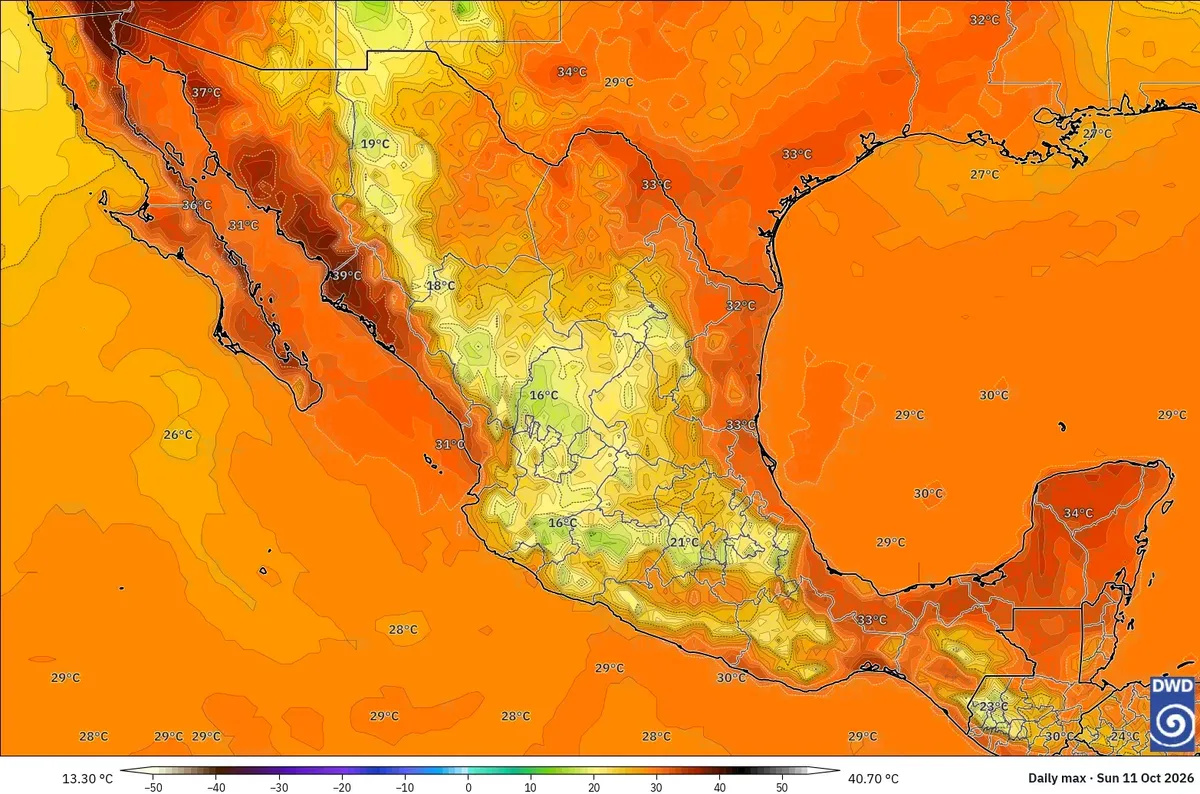 Máximas de hasta 41 °C en México, domingo 11 de octubre de 2026. Modelo ICON