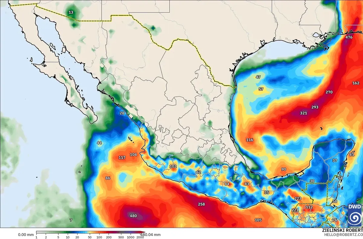 Lluvia de hasta 77 mm por día en México, sábado 10 de octubre de 2026. Modelo ICON