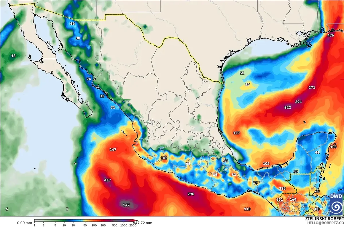 Lluvia de hasta 97 mm por día en México, domingo 11 de octubre de 2026. Modelo ICON