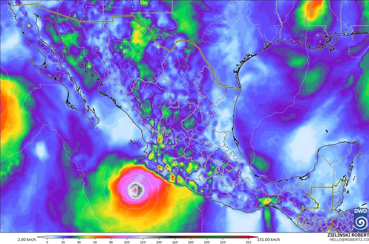 Rachas de hasta 135 km/h, con núcleo de fuerza de tifón (≥ 118 km/h) en México, sábado 10 de octubre de 2026. Modelo ICON