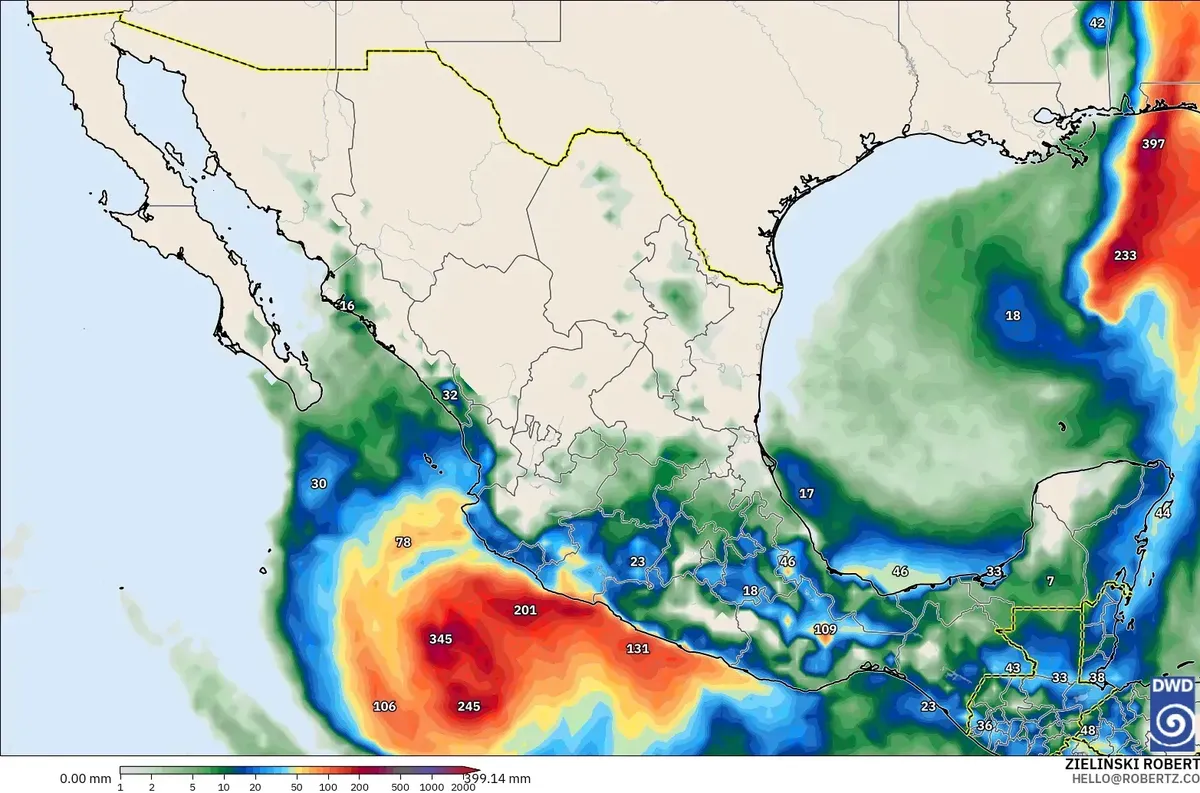 Lluvia de hasta 121 mm por día, con núcleo de lluvia extrema (≥ 100 mm) en México, sábado 10 de octubre de 2026. Modelo ICON
