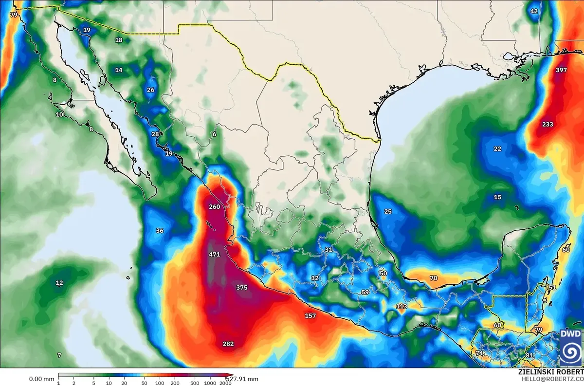 Lluvia de hasta 123 mm por día, con núcleo de lluvia extrema (≥ 100 mm) en México, lunes 12 de octubre de 2026. Modelo ICON
