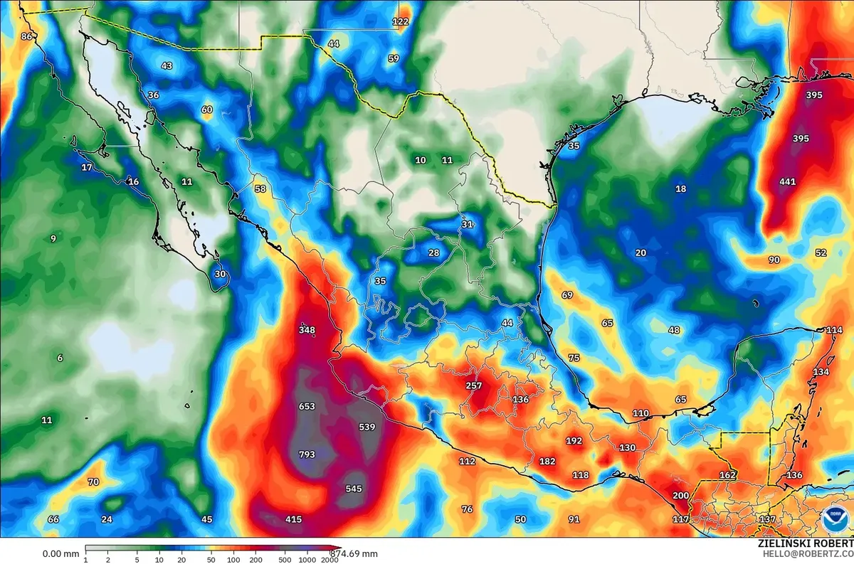 Lluvia de hasta 237 mm por día, con núcleo de lluvia extrema (≥ 100 mm) en México, miércoles 14 de octubre de 2026. Modelo GFS