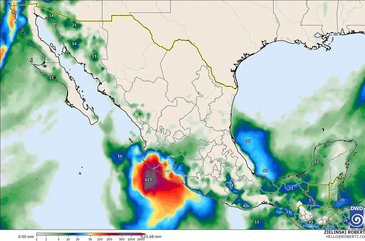 Lluvia de hasta 429 mm por día, con un núcleo de lluvia extrema (≥ 100 mm) en México, domingo 11 de octubre de 2026. Modelo ICON