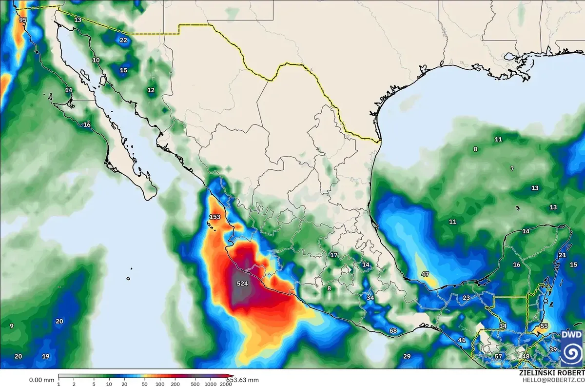 Lluvia de hasta 239 mm por día, con un núcleo de lluvia extrema (≥ 100 mm) en México, lunes 12 de octubre de 2026. Modelo ICON