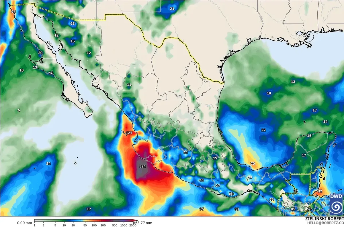 Lluvia de hasta 126 mm por día, con un núcleo de lluvia extrema (≥ 100 mm) en México, miércoles 14 de octubre de 2026. Modelo ICON