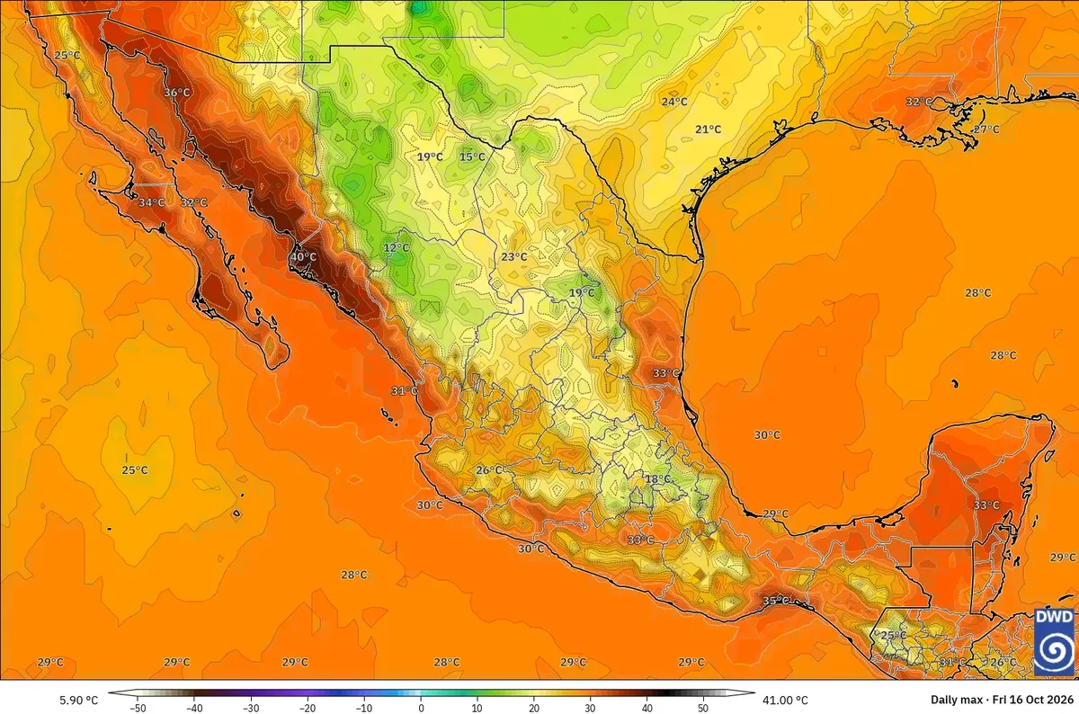 Máximas de hasta 41 °C en México, viernes 16 de octubre de 2026. Modelo ICON