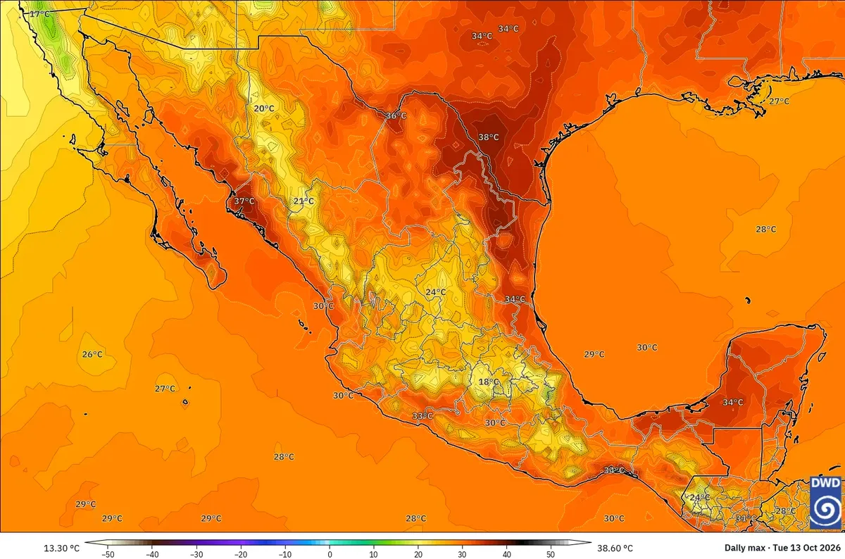 Máximas de hasta 39 °C en México, martes 13 de octubre de 2026. Modelo ICON