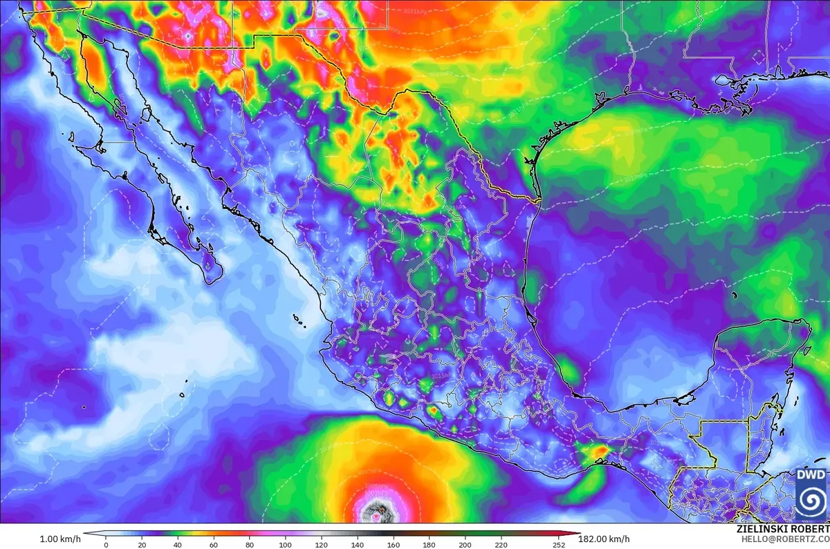 Rachas de hasta 131 km/h, con un núcleo de fuerza de tifón (≥ 118 km/h) en México, viernes 16 de octubre de 2026. Modelo ICON