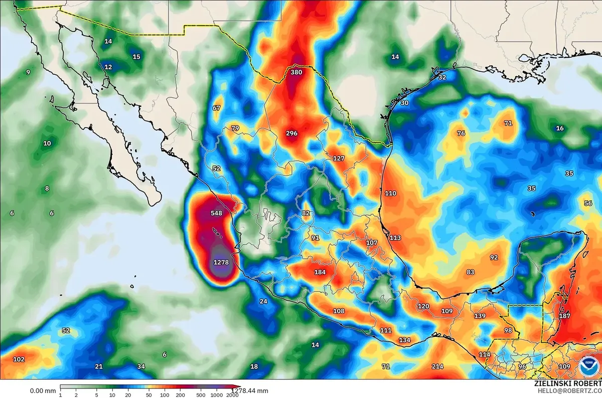 Lluvia de hasta 149 mm por día en México, sábado 17 de octubre de 2026. Modelo GFS
