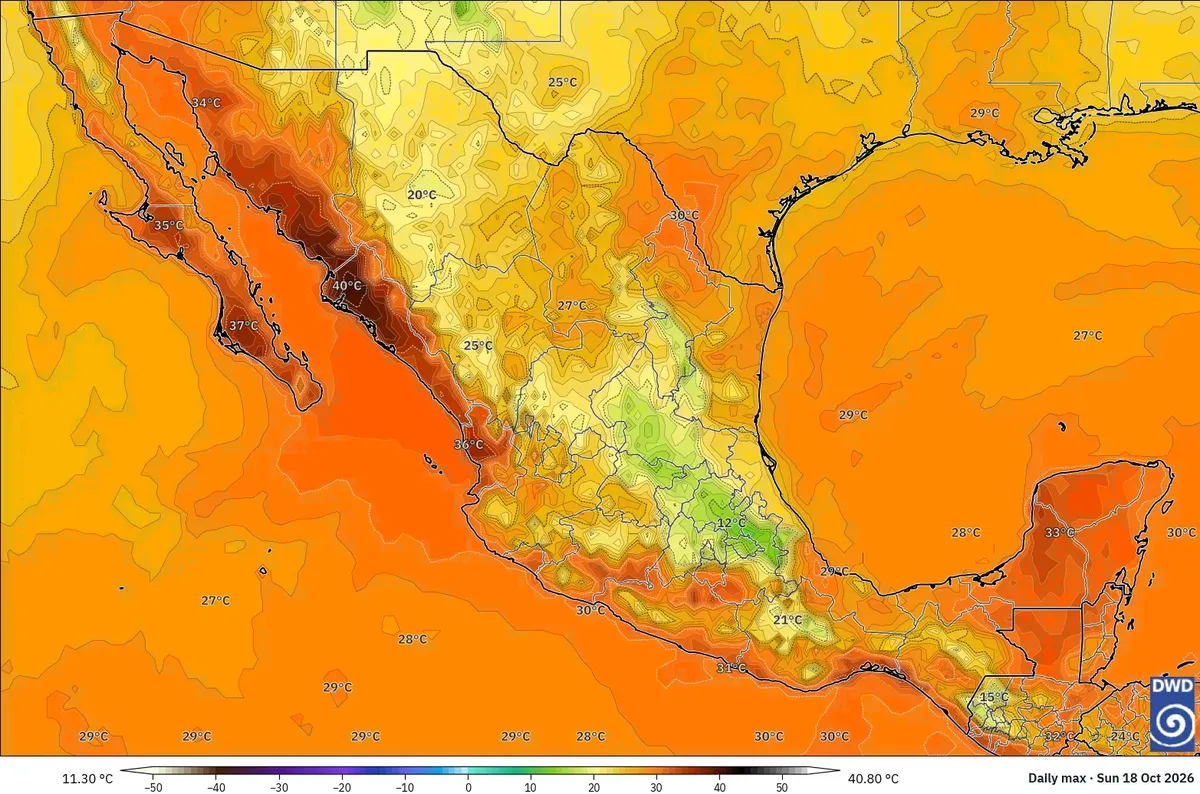 Máximas de hasta 41 °C en México, domingo 18 de octubre de 2026. Modelo ICON