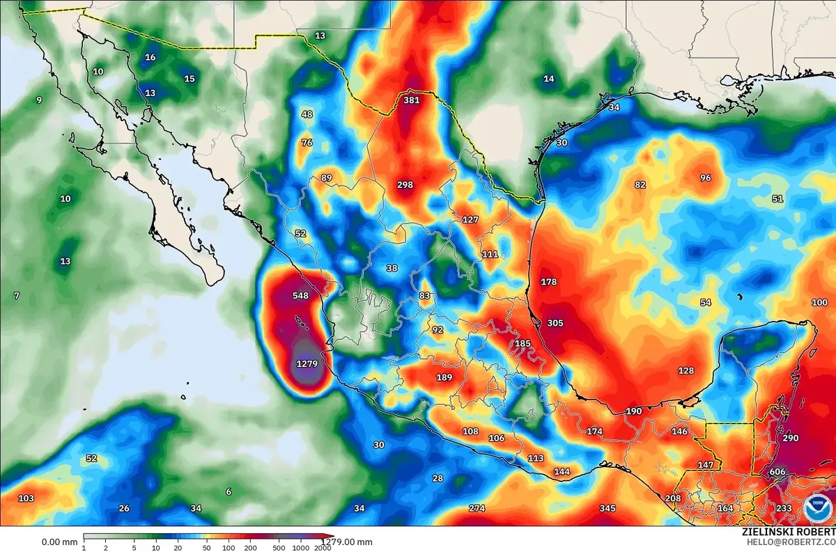 Lluvia de hasta 110 mm por día en México, lunes 19 de octubre de 2026. Modelo GFS