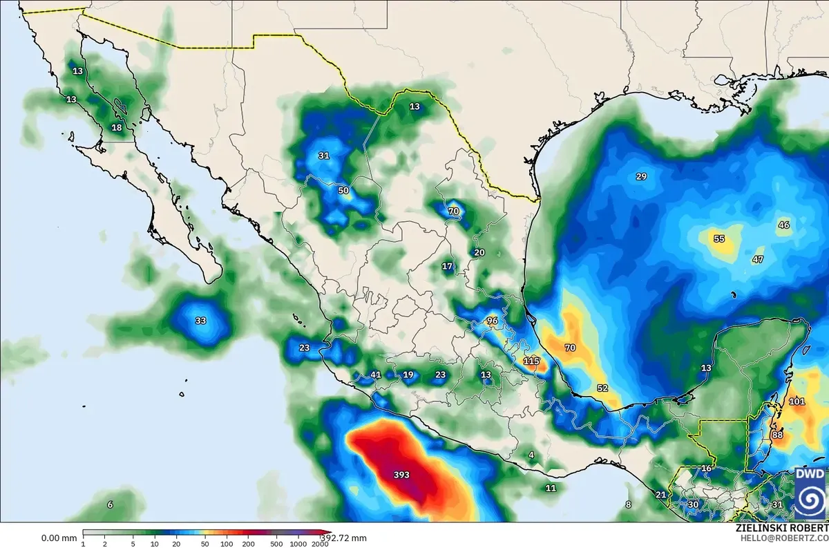 Lluvia hasta 247 mm en 1.3 días, con un núcleo de lluvia extrema (≥ 100 mm por día) cerca de México, sábado 17 de octubre de 2026. Modelo ICON